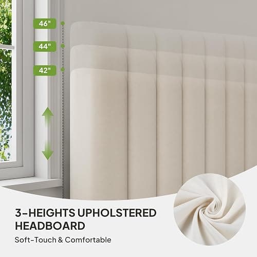 Welzona Full Upholstered Bed Frame with Headboard, Velvet Upholstered Metal Platform Bed with Vertical Channel Tufted Headboard, 3-Level Height, Metal Slat Support, Noise-Free Easy Assembly, White thumbnail 3