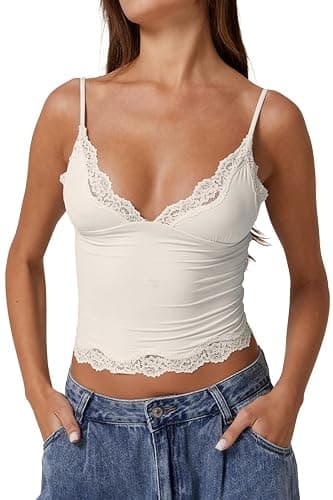 QINSEN Women's Double Layer Crop Cami V-Neck Lace Trim Tank Top with Adjustable Straps Delicate Overlay for Summer - Image 1