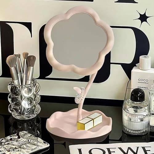 KEAINVRN Flower-Shaped Makeup Mirror for Desk Vanity Mirror for Bedroom,Living Room and Minimal Spaces Room Decor Home Decorations (Pink) thumbnail 5