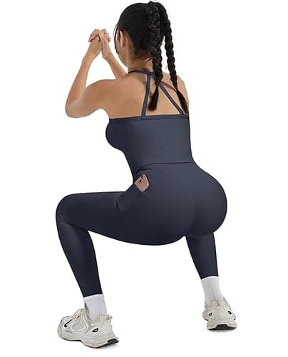 SUUKSESS Women 2 Piece Workout Sets Compression Tummy Control Leggings with Pockets Halter Built in Bra Tank Tops thumbnail 3
