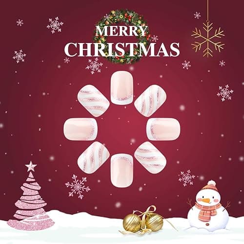 Christmas Press on Nails Short Square Fake Nails Full Cover Snowflake French Tip Glitter Design False Nails Xmas Cute Stick on Nails Winter Acrylic Artificial on Nails for DIY Nail Decoration 24Pcs thumbnail 5
