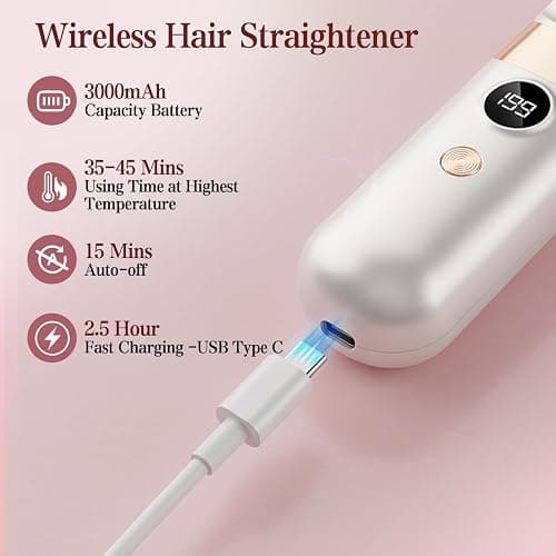 HRYYDS Go Brush Pro UK Cordless Hair Straightener Brush - Portable Rechargeable Ceramic Styling Brush with 4 Adjustable Heat Modes & LED Display, Perfect for Travel & Everyday Use (Cream White) thumbnail 7