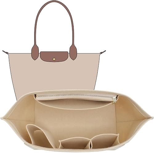 OAikor Felt Purse Organizer Insert for Longchamp Le Pliage L Tote Bag & M Handbag, Zipper Long Champ Bag Organizer Insert with Cup Holder, Women Bags Divider Shaper with 8 Compartments (Beige,L) - Image 1