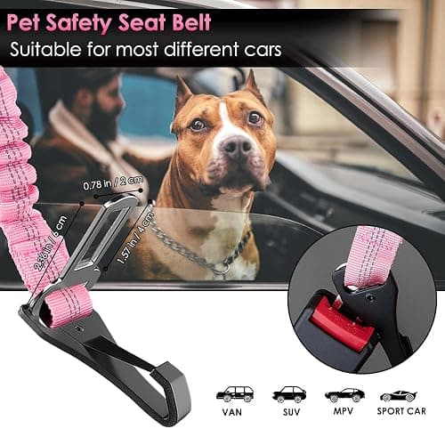 SlowTon Dog Car Seat Belt, 3 in 1 Latch Bar Attachment Dog Safety Seatbelt | Hook Latch Bar& Seatbelt Buckle, Reflective, Heavy Duty Nylon, Durability, Easy of Use, for Travel Riding, Pink, 27.5" thumbnail 5