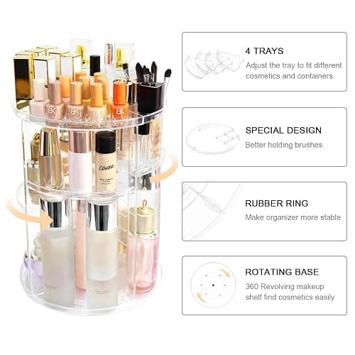 YIEZI 360 Rotating Acrylic Makeup Organizer, Multi-function Adjustable Detachable Display Case, Storage Cosmetic, Skincare, Perfume, Best Organization in Dresser, Bedroom, Bathroom, Kitchen (Clear) thumbnail 4