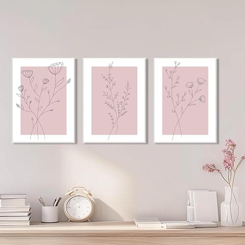 WARTHZ Pink Flower Wall Art Light Pink and White Botanical Line Pictures Wall Decor Painting Set of 3 Floral Plant Poster Canvas Print for Girl Bedroom Living Room Framed 16x24 inch thumbnail 4