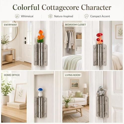 8 Pack Mushroom Door Hinge Toppers, Colorful Magnetic Resin Hinge Heads | Eight colorful resin mushroom hinge toppers add cottagecore charm to doors, cabinets and compatible magnetic surfaces. thumbnail 6