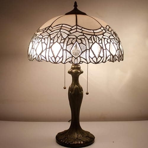 WERFACTORY Tiffany Style Table Lamp White Stained Glass Crystal Bedside Lamp 16X16X24 Inch Desk Reading Light Metal Base Decor Bedroom Living Room Home Office S508W Series thumbnail 8
