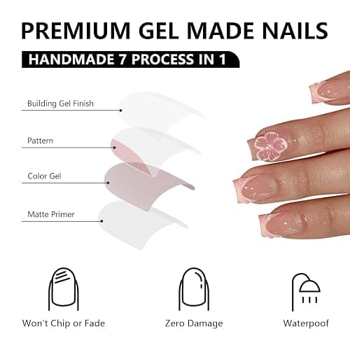 24pcs Short Square False Acrylic Press On Nails Reusable 3D Embossed French Tip Design with Cute Flowers (Pink-631) thumbnail 3
