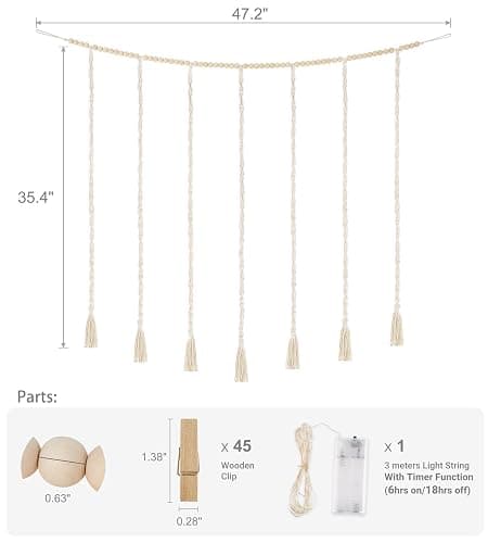 Mkono Macrame Hanging Photo Display Wall Decor with String Lights, Boho Wooden Beads Garland Collage Picture Card Frame Holder with 45 Clips for Bedroom Living Room Dorm, Teen Girls Christmas Gifts thumbnail 3