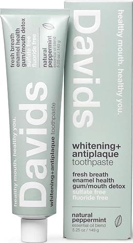 Davids Fluoride Free Toothpaste, Teeth Whitening, Antiplaque, SLS (Sulfate) Free, Promotes Enamel Health, Mouth & Gum Detox, EWG Verified, Peppermint, 5.25oz - Image 1