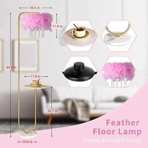 beaysyty Unique Led Pink Feather Floor Lamp with Tray,Ostrich Feather Stand Lamp,Living Room Bedroom Office Shop Window Decoration Lamp,Foot Switch and Brass/Gold Finish Arc Floor Lamp - Image 1