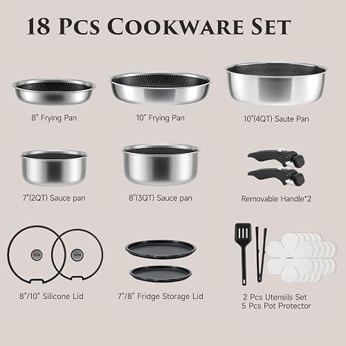 JEETEE Hybrid Stainless Steel Cookware Set with Detachable Handle, 18Pcs Pots and Pans Set Non Stick, Induction Kitchen Cookware Sets Removeble Handles, Camping RV Cooking Set, Dishwasher & Oven Safe thumbnail 3