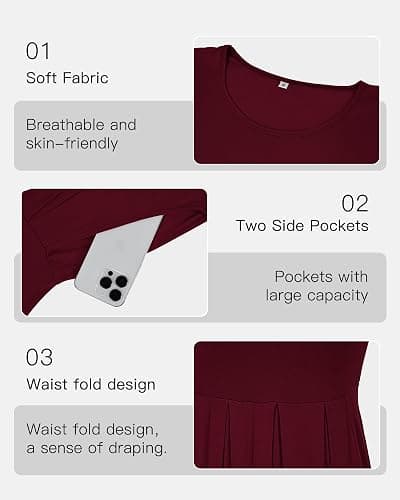 AUSELILY Women's Short Sleeve Pleated Loose Swing Casual Dress with Pockets Knee Length thumbnail 5