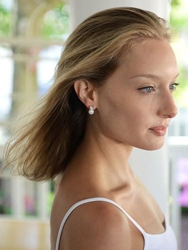Mariell White Pearl Bridal Earrings with Cubic Zirconia Crystal Top, 9mm White Pearl Stud Earring, Perfect for Brides, Bridesmaids, Wedding Party and Everyday Wear thumbnail 10