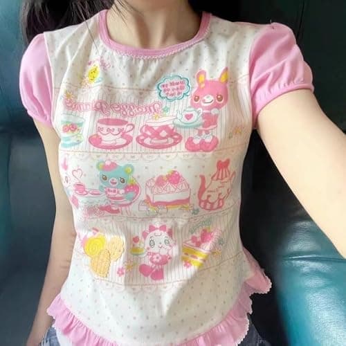 Sweet Crop Top Cartoon Print Harajuku Contrast Color T-Shirt Women Y2k Aesthetic Slim Ruffled Tee thumbnail 2
