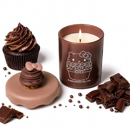 Hello Kitty Bakery Chocolate Cream Scented Candle with Decorative Silicone Cupcake Lid – Cozy Aroma, Reusable Brown Glass Jar thumbnail 3
