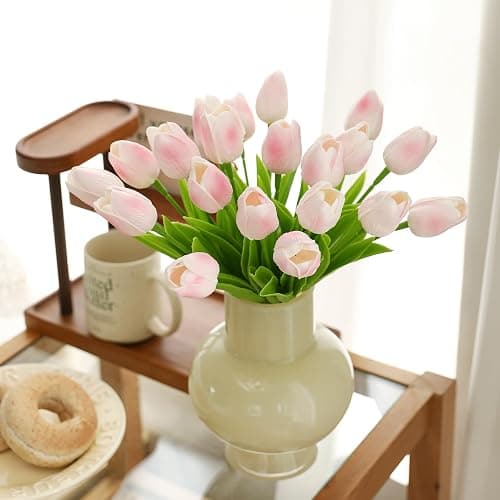 ucky 20 Pcs Light Pink Artificial Tulip Silk Fake Flowers Realistic Touch Spring Summer Fake Flowers for Home Decor Outdoor Garden Parties and Wedding thumbnail 4