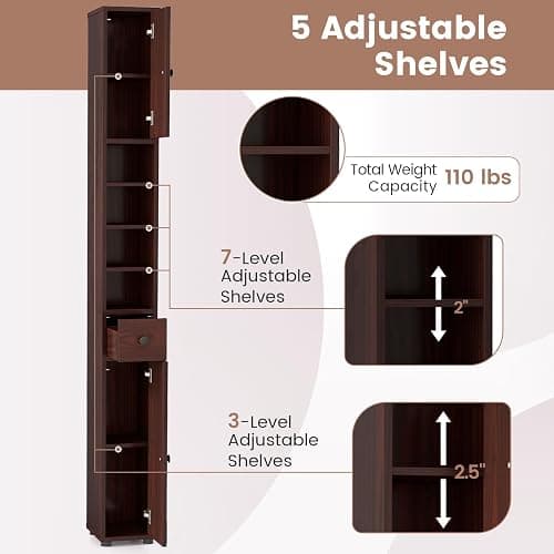 Tangkula Tall Slim Bathroom Storage Cabinet, 71" Freestanding Bathroom Cabinet w/ 2 Doors, 1 Drawer & 5 Adjustable Shelves, Floor Narrow Tower Cabinet for Small Spaces, 8" x 8" x 71" (Brown) thumbnail 6