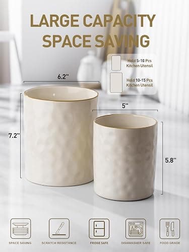 famiware Ocean Utensil Holder, 7.2"+5.8" Ceramic Kitchen Utensil Holder for Countertop, Cooking Utensil Crocks, Utensil Organizer for Spatula & Spoon, Kitchen Decor, Set of 2, Vanilla White - Vanilla White thumbnail 3