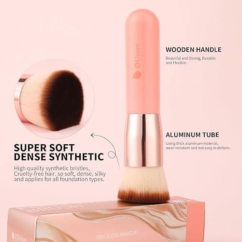 DUcare Foundation Brush for Liquid Makeup, Self Tanner Brush Flat Top Kabuki Professional Makeup Brushes Blending Mineral Powder Buffing Stippling Makeup Tools, Pink - Pink thumbnail 2