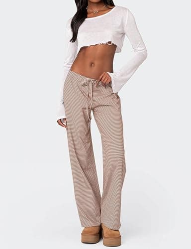 Ugerlov Women's Wide Leg Striped Pants Casual Drawstring Elastic Low Rise Pajama Pants Lounge Wear Trousers thumbnail 4