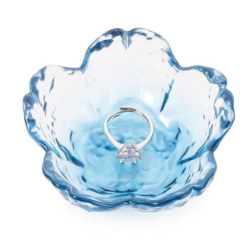 Qianyu Blue Flower Ring Dish Small Key Bowl Aesthetic Glass Trinket Tray Engagement Wedding Ring Holder Plate Room Decor Jewelry Dish Organizing Necklace Earrings for Mom Friend Sister - Image 1