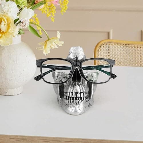 Mrlikale Skull Glasses Stand, Creative Eyeglasses Display Rack, Sunglasses Spectacle Holder, Key Holder Resin Sculptures for Entryway, Home, Office, Desk, Nightstand (Silver) thumbnail 8