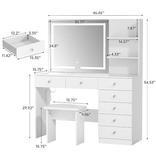 VOWNER Vanity with Lighted Mirror - 47" Makeup Vanity Desk with 7 Drawers, 3 Storage Shelves and Outlet, 3 Color Lighting Modes with Adjustable Brightness, Makeup Desk with Stool for Bedroom (White) thumbnail 2