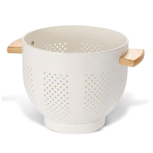 Metal Colander with Wood Handle and Stable Base, 5.5 Quart Powder Coated Steel Kitchen Strainer Basket for Draining Pasta, Vegetable and fruit,Cream - Image 1