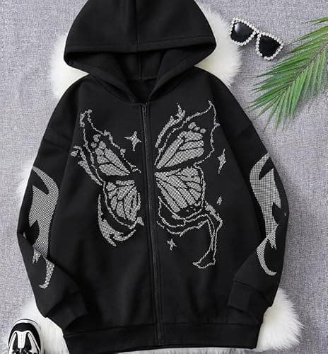 POHADON Y2k Vintage Zip Up Hoodie for Women Oversized Butterfly Graphic Long Sleeve Hooded Aesthetic Sweatshirt Jacket thumbnail 2
