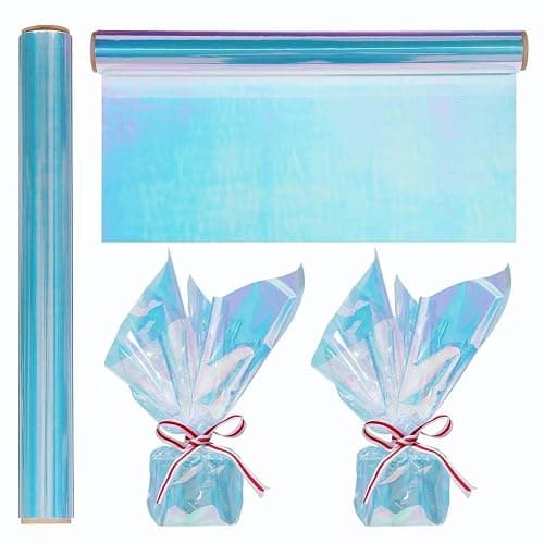 1 Roll 50ft Iridescent Light Blue Cellophane Wrap for Gift Baskets - Colored Cello Wrap - Rainbow Light Blue Wrapping Film (50' Long x 17" Wide) Colored Film Roll for, Fairy Wings, DIY Craft Babyshower. - Image 1