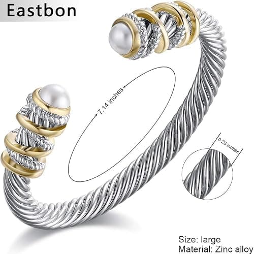 Eastbon Twisted Cable Bracelet with Composite Shell Pearl 6" Antique Cuff Bracelets for Women thumbnail 5