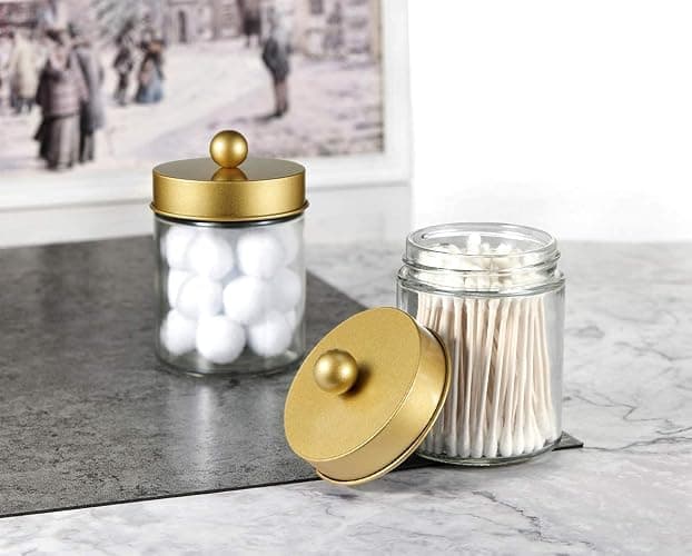 Amolliar Apothecary Jar Bathroom Storage Qtip Holder Glass, Gold 2Pack | for Bathroom Vanity Storage, Countertop, Farmhouse Style, Holds Cotton Swabs, Dental Floss, Makeup Sponges thumbnail 6