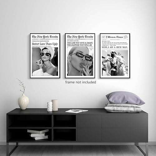 Yuaruo Set of 3 Trendy Newspaper Canvas Wall Art, Funky Better Late Than Ugly Wall Art Print, Vintage Black and White Room Aesthetic Posters, Hot Girl College Dorm Wall Decor 24x36in Unframed thumbnail 5