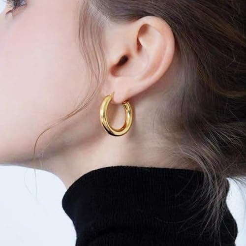 sovesi Chunky Gold Hoop Earrings for Women with 925 Sterling Silver Post, 14K Gold Plated Small Thick Gold Hoops Earrings for Women thumbnail 3