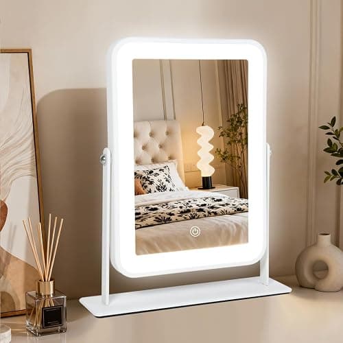 YEKKOPT Small Desk Mirror with Lights, Lighted Makeup Mirror with Light, Portable Tabletop Make Up Mirror for Desk, Vanity Mirror with Lights,Smart Touch Control, Dual Power Supply, 360°Rotation - Image 1