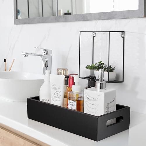 ALELION Black Bathroom Basket - Wooden Toilet Tank Paper Basket with Handle for Organizing - Back of Toilet Storage Organizer for Bathroom Tank Topper Counter - Black Bathroom Decor Box thumbnail 5