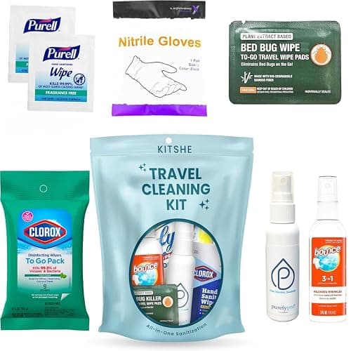 Travel Cleaning Supplies Kit - Travel Size Cleaning Supplies For Hotels, Bathrooms with Gloves, Surface Wipe, Fabric Cleaner, Air Cleaner, Hand Wipes, Bed Bug Wipes - Image 1