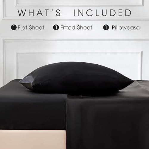 FreshCulture Satin Sheets Twin XL Bed Set - 3 Piece Luxury Soft Silky Bed Sheets, Similar to Silk Sheet Set with 1 Deep Pocket Fitted Sheet, 1 Flat Sheet & 1 Pillowcase (Black) thumbnail 3