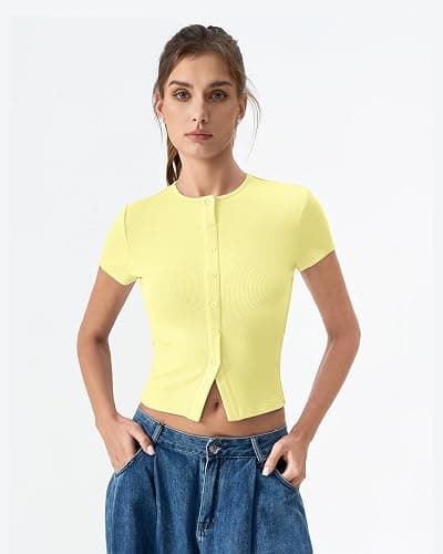 QINSEN Women's Crewneck Short Sleeve T Shirts Ribbed Button Going Out Trendy Tops thumbnail 4