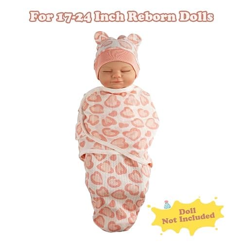 BABESIDE 4 Pcs Reborn Baby Doll Blanket with Doll Accessories Set for 17-24 Inch Babydolls, Heart Patterns Baby Doll Swaddle Blanket with Hat Gloves for Realistic Dolls Girl, Pink thumbnail 4