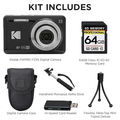 Kodak PIXPRO FZ55 Digital Camera, 16MP Compact Point & Shoot, 5X Optical Zoom, 28mm Wide Angle Lens, 1080P HD Video, Black + 64GB SD Card, Case, Selfie Stick, Mini Tripod & USB Card Reader thumbnail 3