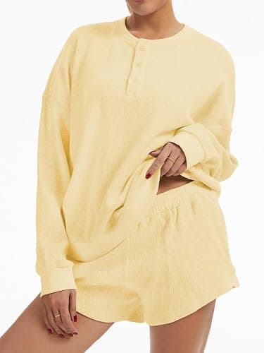 KCVVA Women Waffle Knit Lounge Set 2 Piece Oversized Long Sleeve Sweatshirt and High Waisted Shorts Outfit thumbnail 2