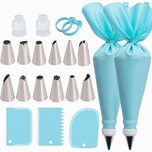 Reusable Piping Bags and Tips Set, 21-Piece Cake and Cupcake Decorating Kit | Reusable piping bags pair with 12 icing tips, couplers and scrapers for precise frosting and easy cake or cupcake decorating. - Image 1