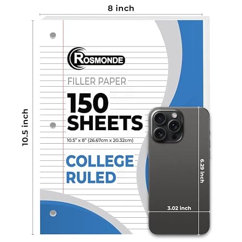 Rosmonde Loose Leaf Paper, 900 Sheets, 6 Pack, College Ruled, 8" x 10.5", Bulk Office Filler Paper, 3 Hole Punched, 150 Sheets/Pack, College Ruled Paper for 3 Ring Binder, Notebook Paper, White thumbnail 3