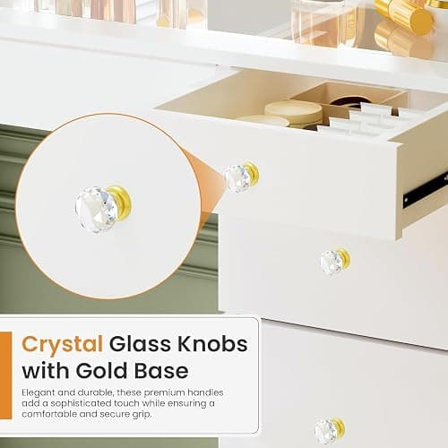 Fkhouse 11 Drawers Glass Top Vanity Desk, Crystal Handles Makeup Vanity with Mirror and Lights, Dressing Table with Power Outlet, Adjustable Lighting Modes, White thumbnail 6