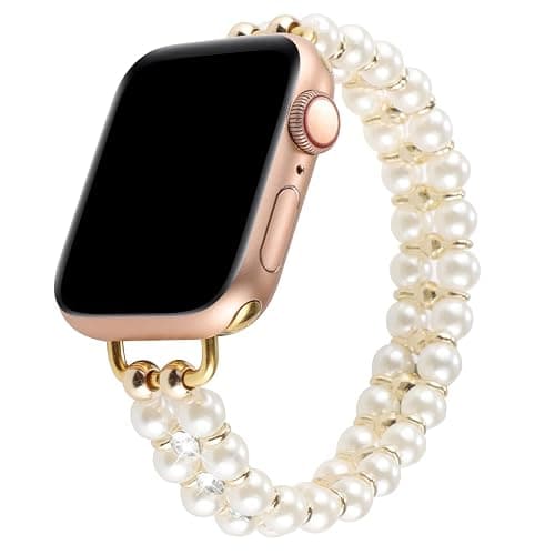 Elastic Pearl Beaded Band Compatible with Apple Watch 38mm 40mm 41mm, Woman Sparkling Bling Diamond Chain Solo Loop Stretch Bracelet Strap Replacement for iWatch Series 9 8 7 6 5 4 3 2 SE thumbnail 2