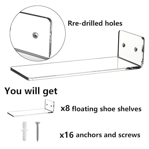 Youeon 8 Pack Floating Shoe Display Shelf, 8 x 3 Inch Acrylic Shoe Shelf for Wall, Floating Sneaker Shelves, Hanging Shoe Shelves for Bedroom, Gaming Room, Sneaker Collection, Easy to Install thumbnail 4