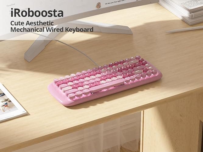 iRoboosta Pink Creamy Mechanical Gaming Keyboard, Aesthetic w/White Backlit, 84 Keys Cute Retro Typewriter Computer Keyboard Wired, Round Keycaps for Windows/PC/PS5 thumbnail 5